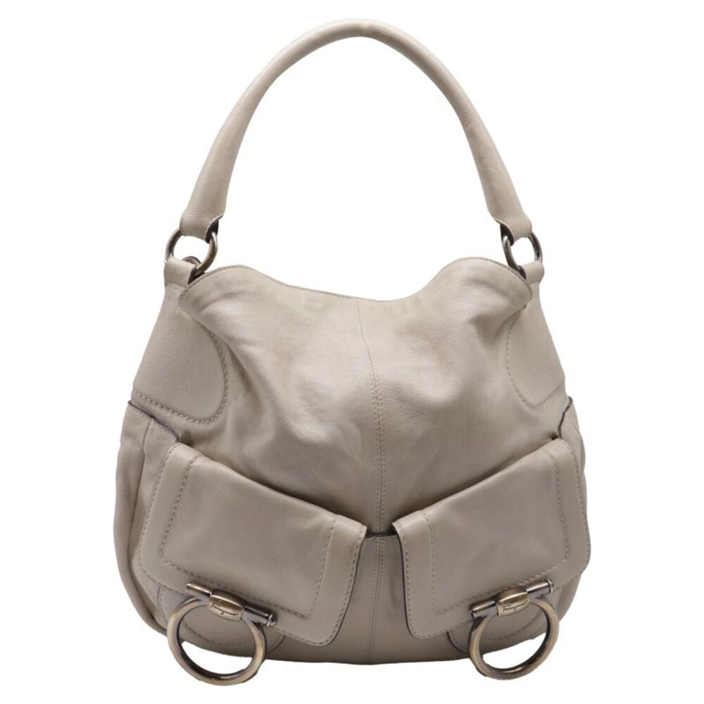 Salvatore Ferragamo Gancini Pocket Hobo Bag in Beige Leather